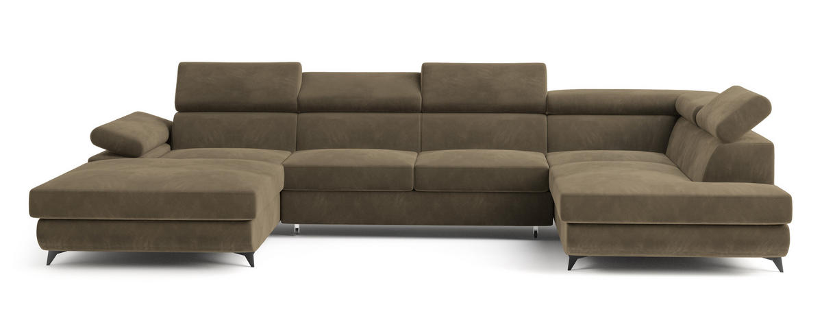 WOHNLANDSCHAFT RUBANO R-S Beige Velours-Stoff mit Schlaffunktion - Beige, Holz (339/89/190cm) - MASSENO