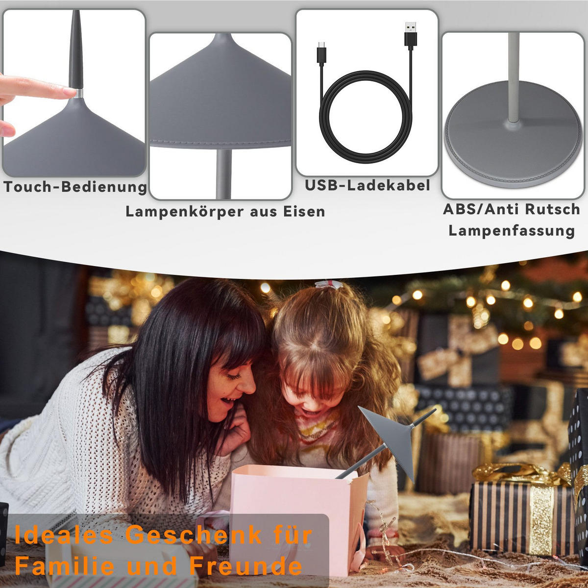 STOLNÍ lampa Abmeier LED 15,4/15,4/37,6 cm - šedá, plast (15.4/15.4/37.6cm) - Nettlife