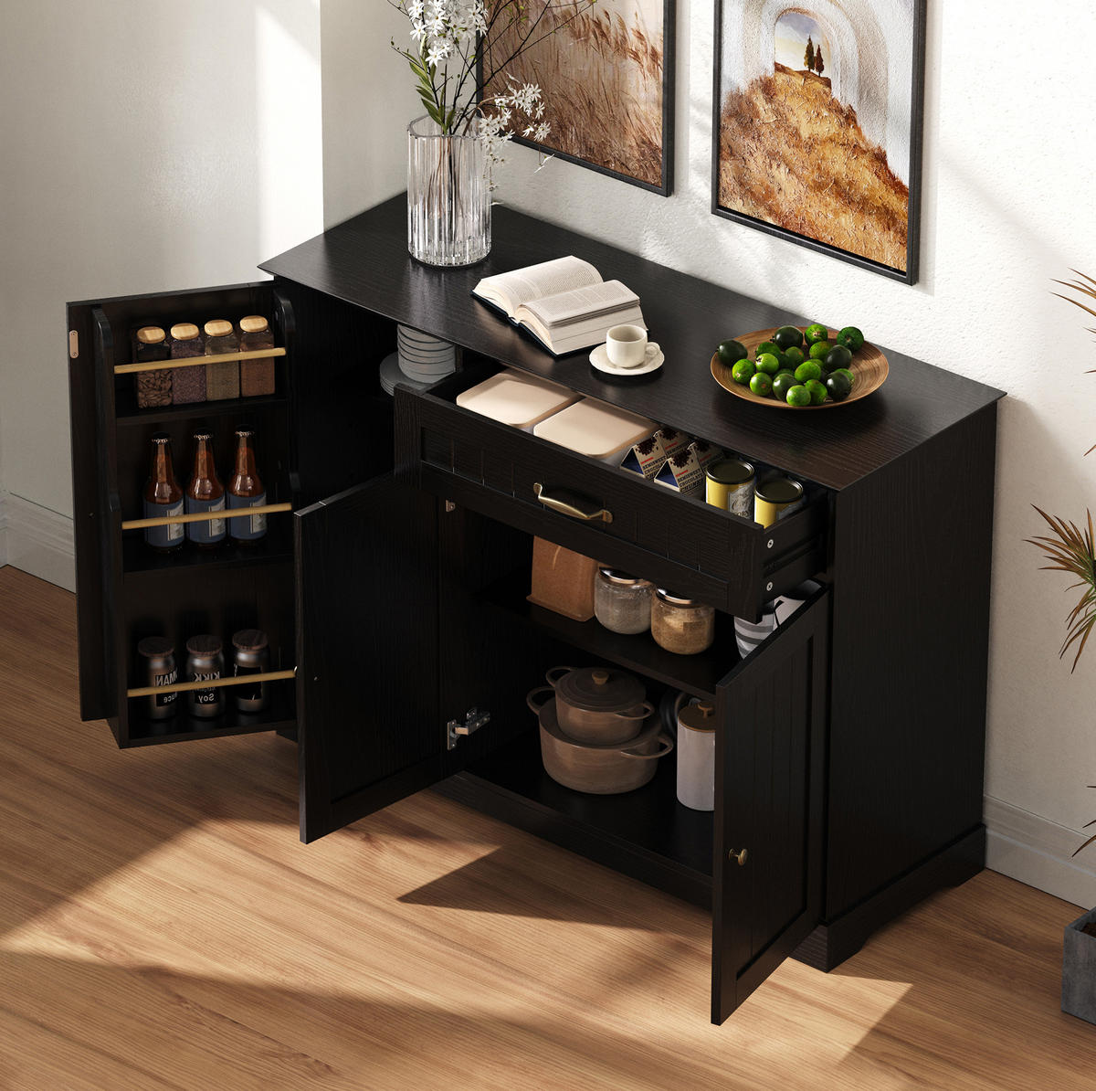 SIDEBOARD in Schwarz mit 3 Türen und 1 Schublade aus MDF,107/83.4/40 cm - Schwarz, Holzwerkstoff (107/83.4/40cm) - Flora Grace