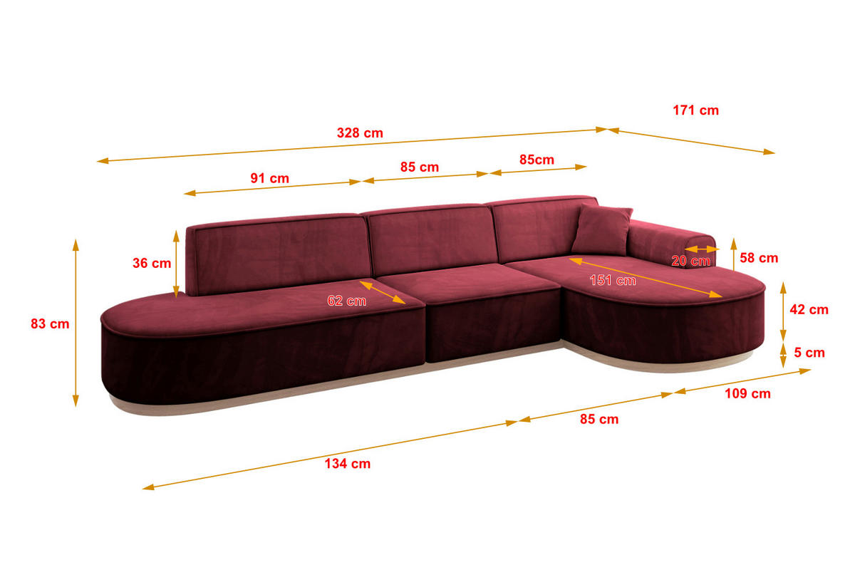 ECKSOFA Ottomane Rechts MARI-L2-v1 - 328x171x83 cm Bordeaux Velours - Bordeaux, Holzwerkstoff/Textil (171/328cm) - ALTDECOR