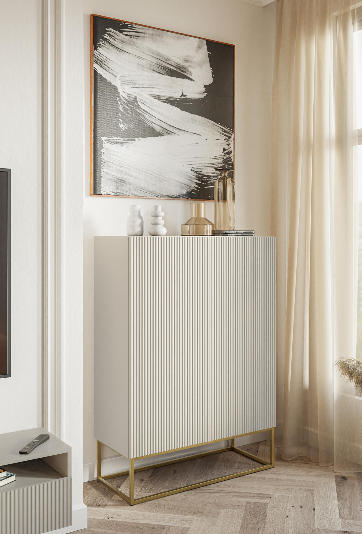 HIGHBOARD Veldio Graubeige mit goldenem Metallgestell 90 cm - Greige/Goldfarben, Holzwerkstoff/Metall (90/125/38cm) - Selsey