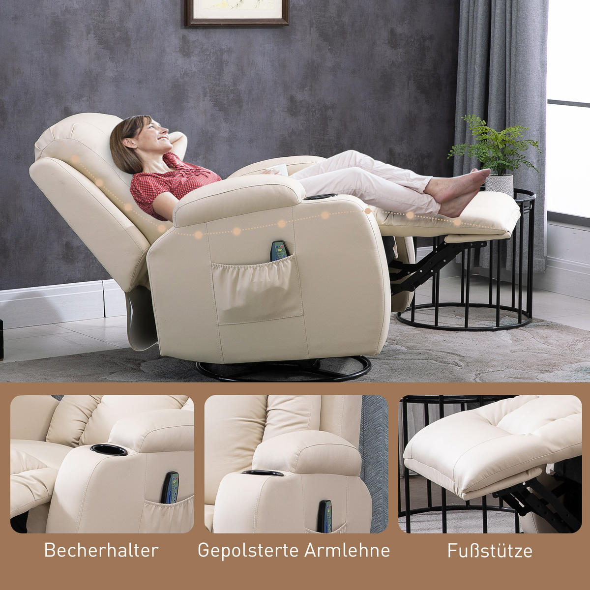 MASSAGESESSEL Kunstleder Cremeweiß - Weiß, Kunststoff/Metall (94/104/85cm) - HOMCOM