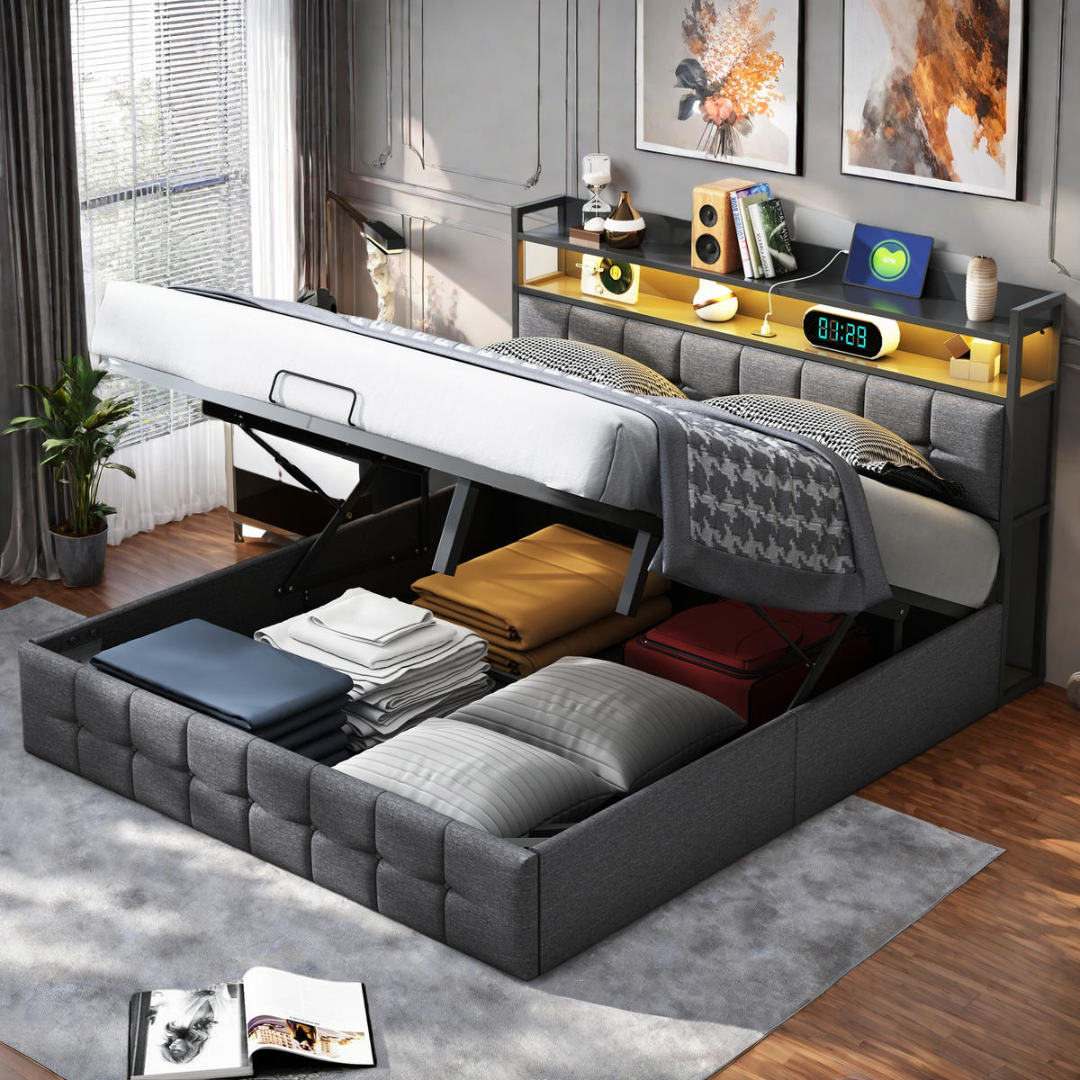 POLSTERBETT 140x190 cm, Stauraumbett mit LED-Beleuchtung, Grau - Grau, Metall (140/190cm)