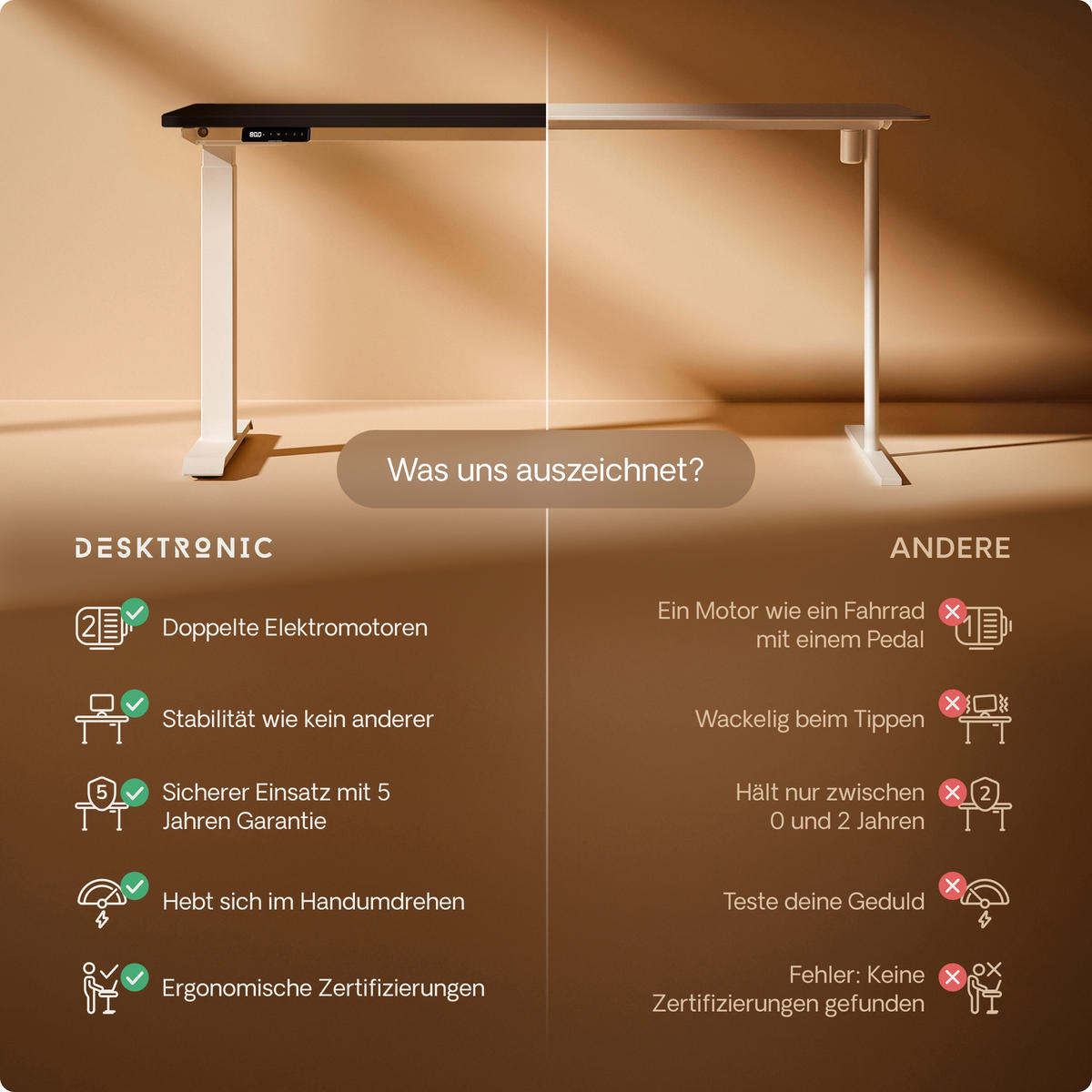 SCHREIBTISCH Elektrisch Höhenverstellbarer HomeOne 160x80cm Weiß/Schwarz mit Memory-Funktion, Anti-Kollisions Technologie - Schwarz/Weiß, Holzwerkstoff (80/160/72cm) - Desktronic
