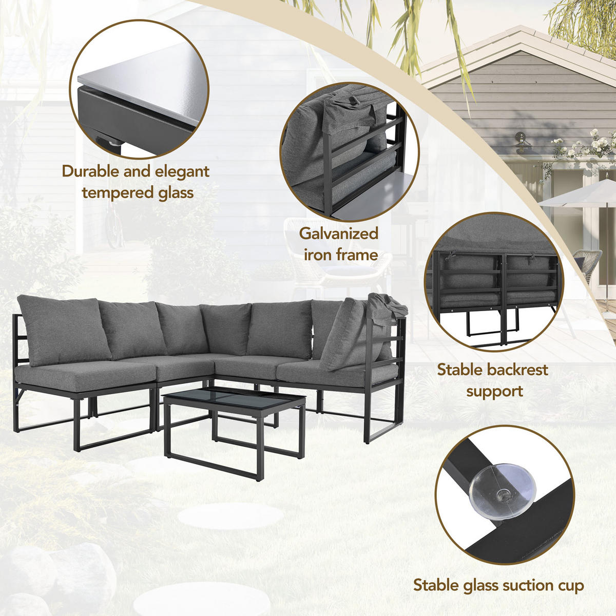 GARTENMÖBEL-SET Grau 4-teilig mit Markise & verstellbaren Füßen - Grau, Metall - PANGIVO