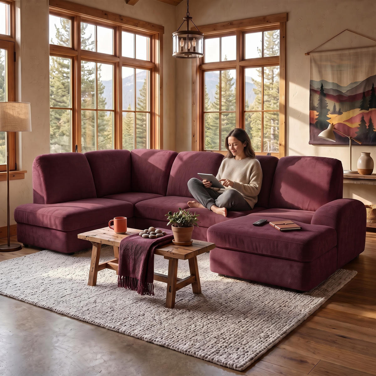 ECKSOFA VIBE U Links mit Schlaffunktion 129x263 Chenille Bordeaux - Bordeaux/Schwarz, Holz/Kunststoff (280/102/186cm) - Muffo