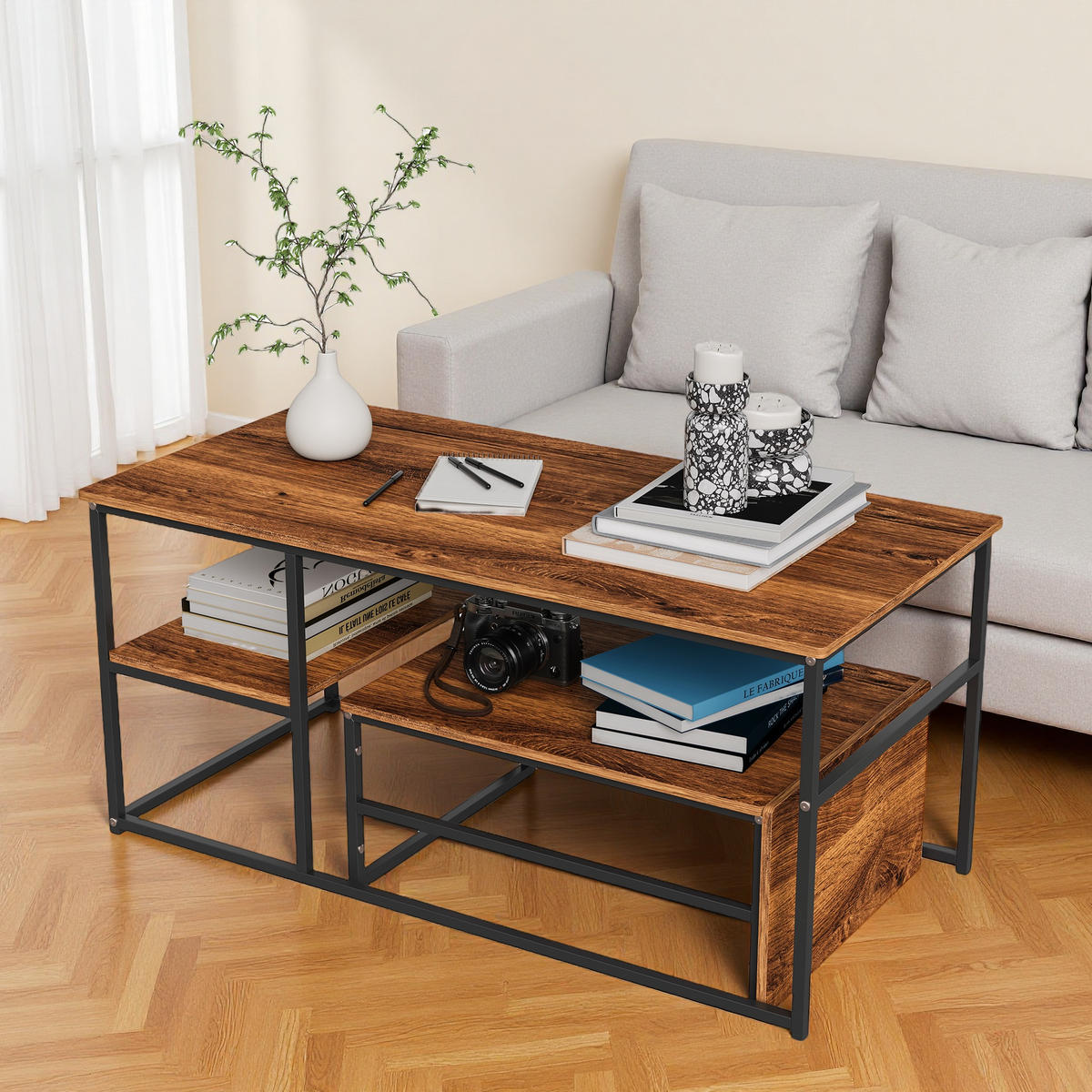 COUCHTISCH-SET Holzoptik Rustikal Braun, Schwarz Metall - Braun, Metall (105/52/48.5cm) - SHOPENTRA