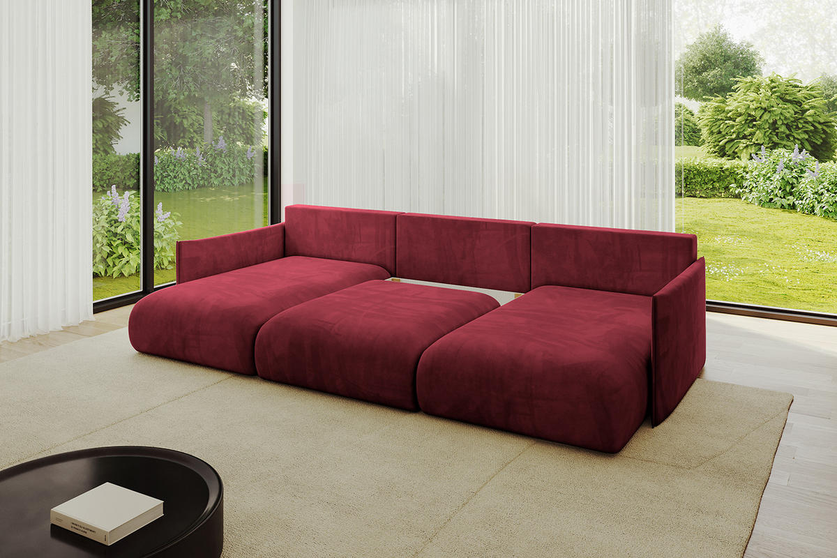WOHNLANDSCHAFT mit Schlaffunktion und Bettkasten ONESK-U 317x177x72 Bordeauxrot Velours - Bordeaux, Holzwerkstoff/Kunststoff (317/72/177cm) - ALTDECOR