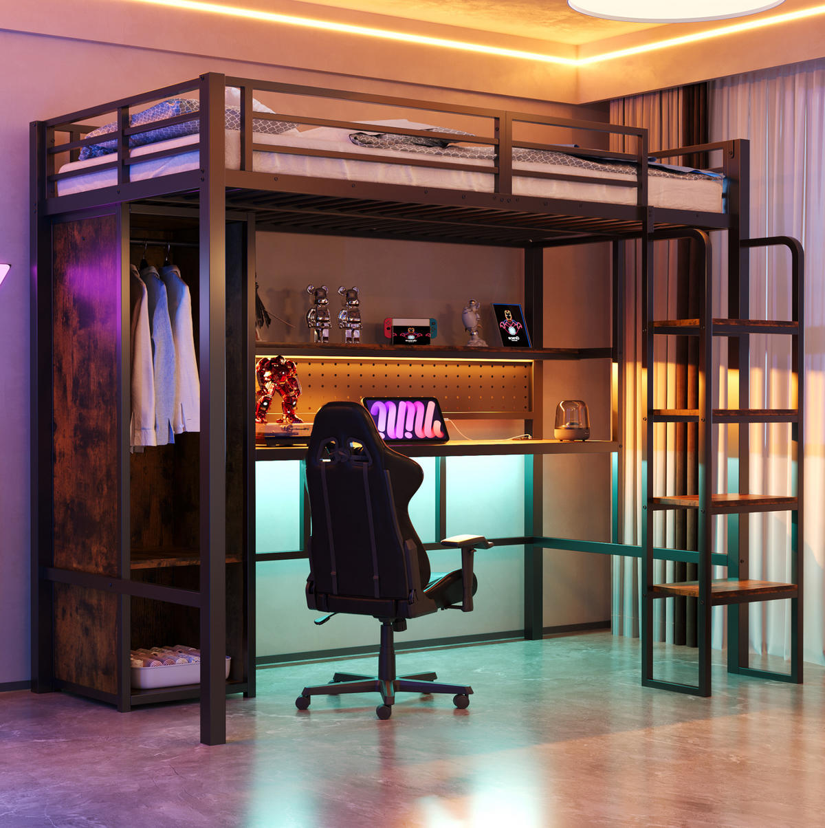 HOCHBETT 90/200 cm aus Metall und MDF mit Schreibtisch und Kleiderschrank Schwarz - Schwarz, Holzwerkstoff (90/200cm) - Modenvie