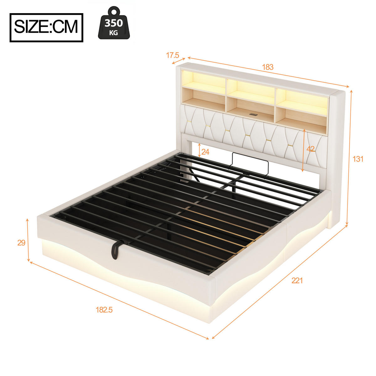 POLSTERBETT 180/200 cm mit hydraulischem Stauraum und LED-Beleuchtung - Beige, Metall (180/200cm) - OKWISH