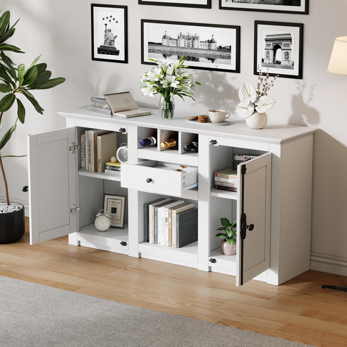 SIDEBOARD Weiß 2 Türen 1 Schublade 130x35x70cm Weinregal - Weiß, Holzwerkstoff (35/70/130cm) - FLIEKS