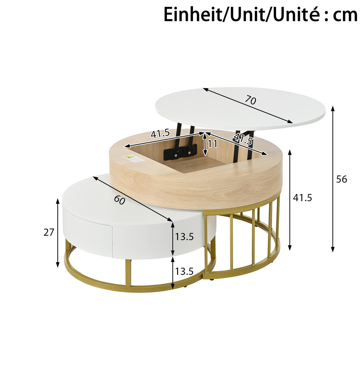 COUCHTISCH 2er-Set rund höhenverstellbar MDF Weiß Gold - Weiß, Holz (70/70/56cm) - Meubliv