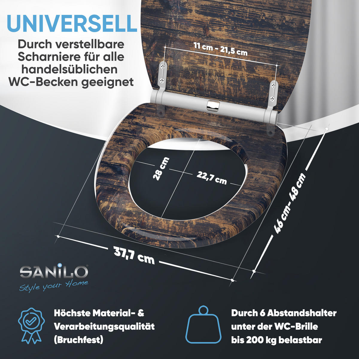 WC-SITZ mit Absenkautomatik & Top Fix Vintage - Braun, Holzwerkstoff (37.7/5.5/48cm) - Sanilo