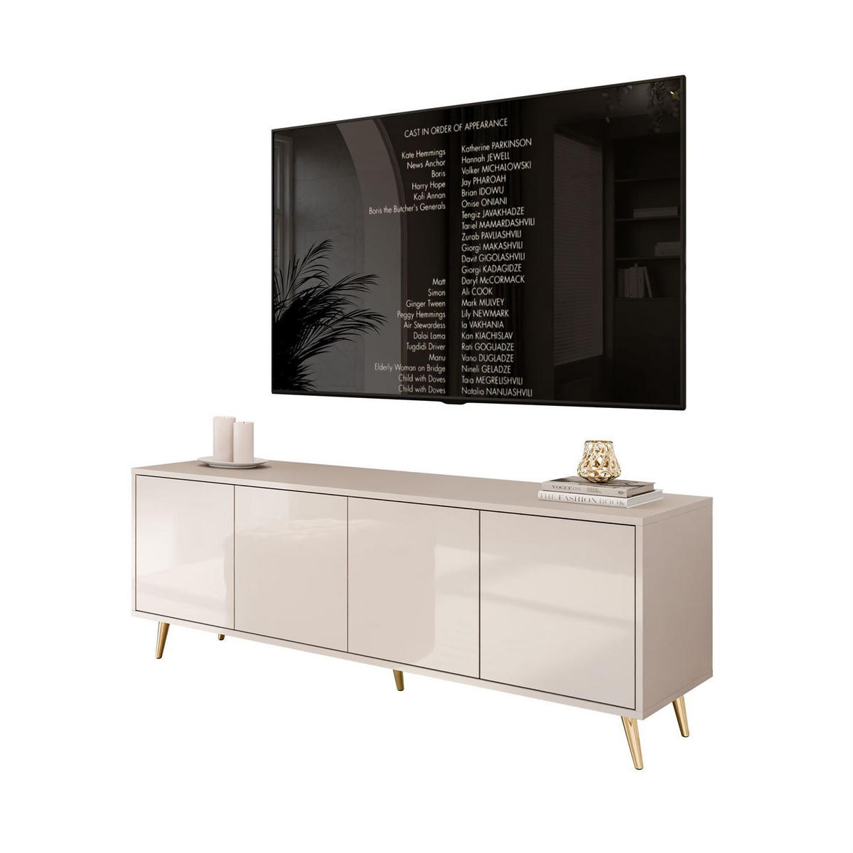 TV-SCHRANK SANAYI Kaschmir Hochglanz – schräge goldene Beine - Kaschmir, Holzwerkstoff (156/54/38cm) - Lookway