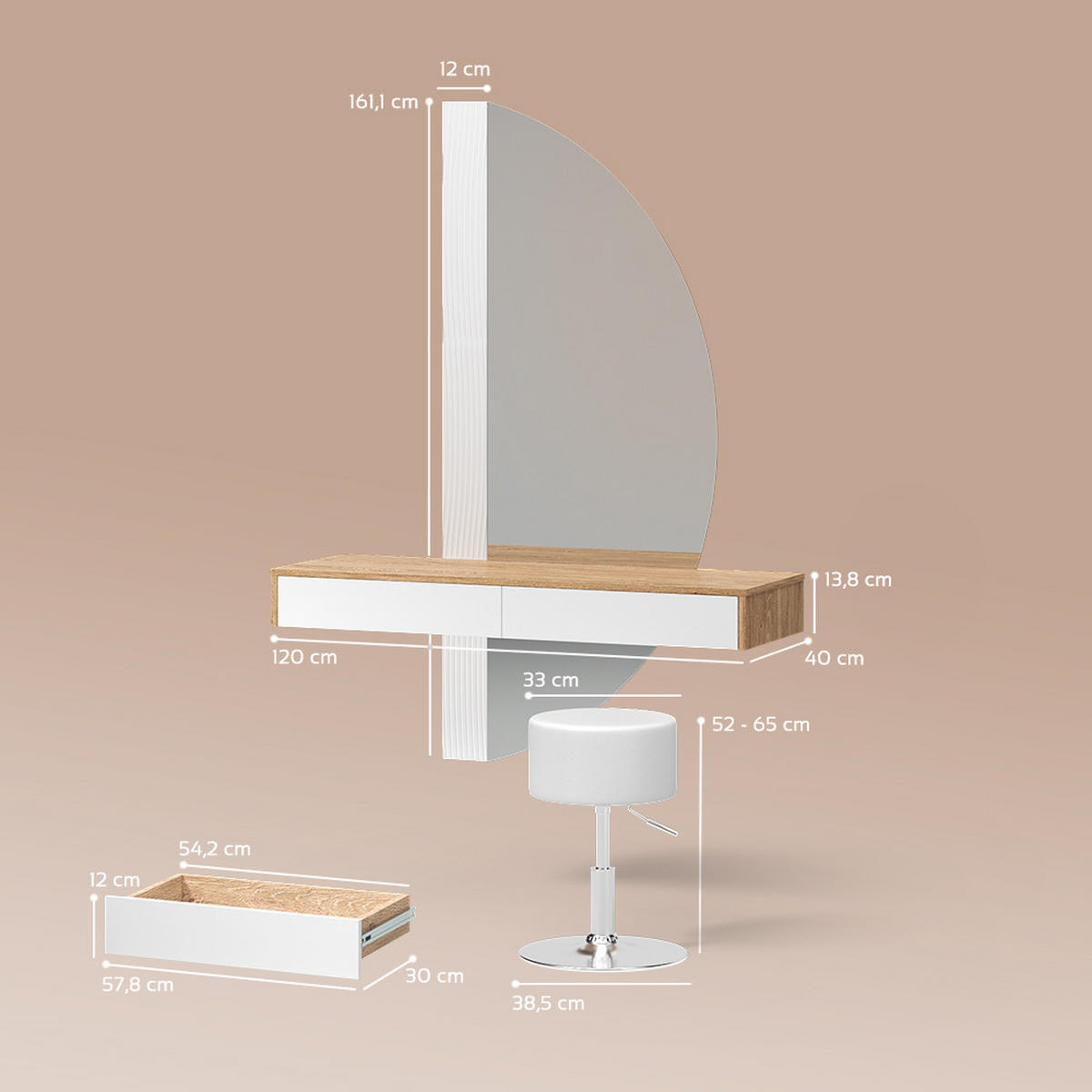 SCHMINKTISCH Ascona Weiß mit LED Beleuchtung und Hocker - Eichefarben/Weiß, Holzwerkstoff (120/161.1/40cm) - Livinity®