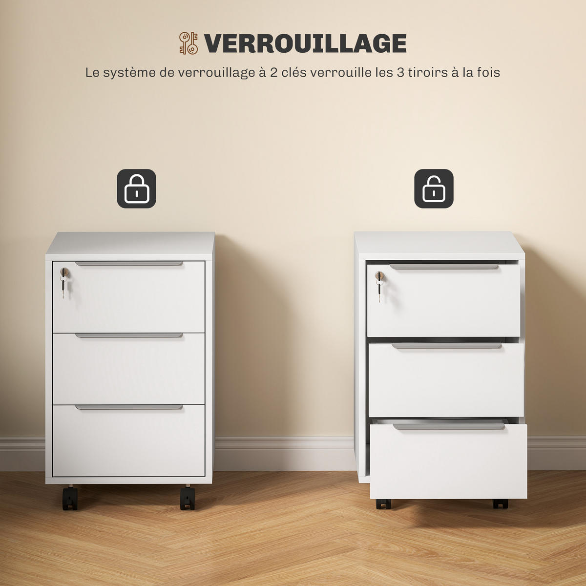 ROLLCONTAINER DE-14436 3 Schubladen abschließbar Weiß - Weiß, Holzwerkstoff (40/63.5/40cm) - ComfortXL