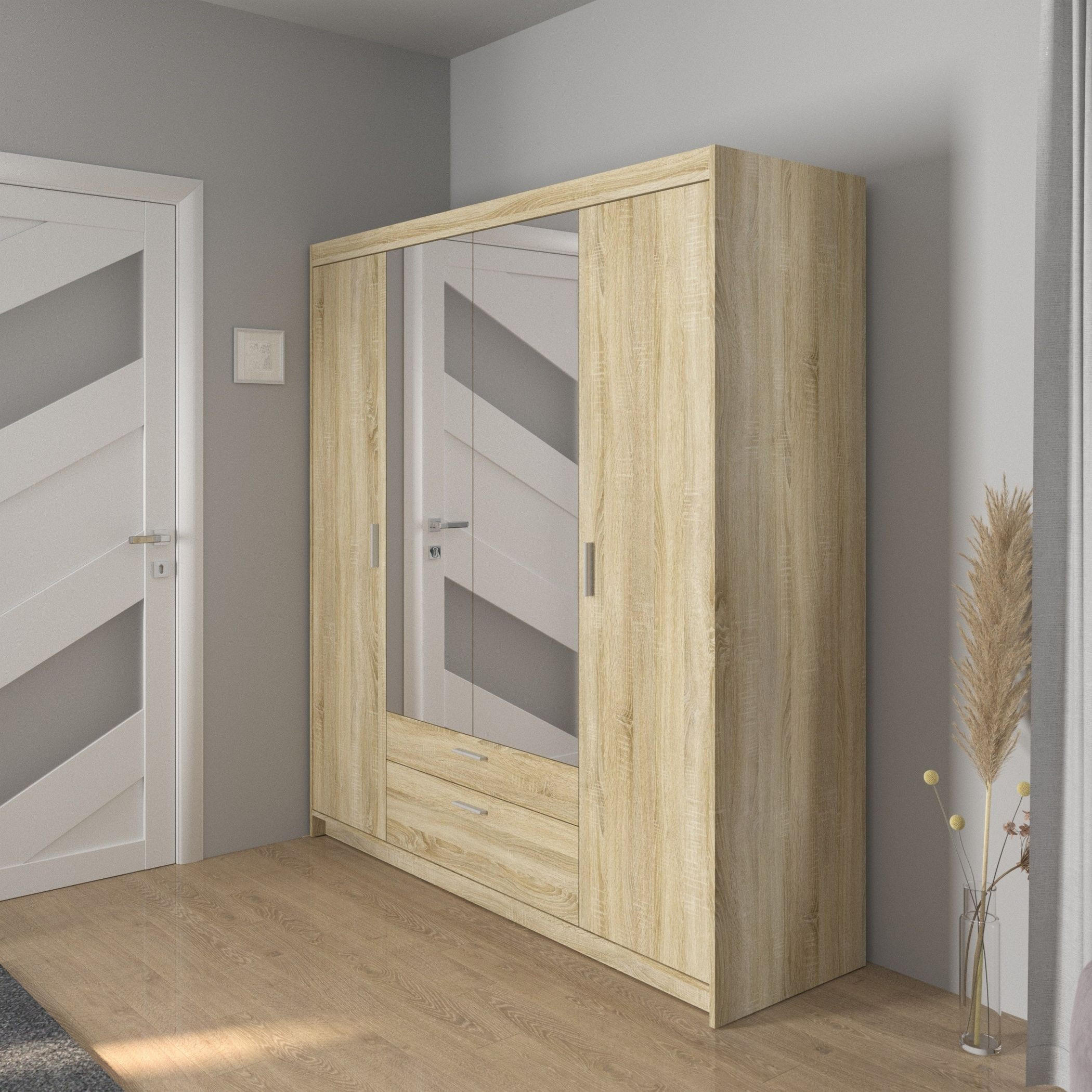 DREHTÜRENSCHRANK ELENORA 176,3/190,5/53cm 4-türig mit Spiegel Sonoma Eiche - Sonoma Eiche, Holzwerkstoff (176.3/190.5/53cm) - MASSENO