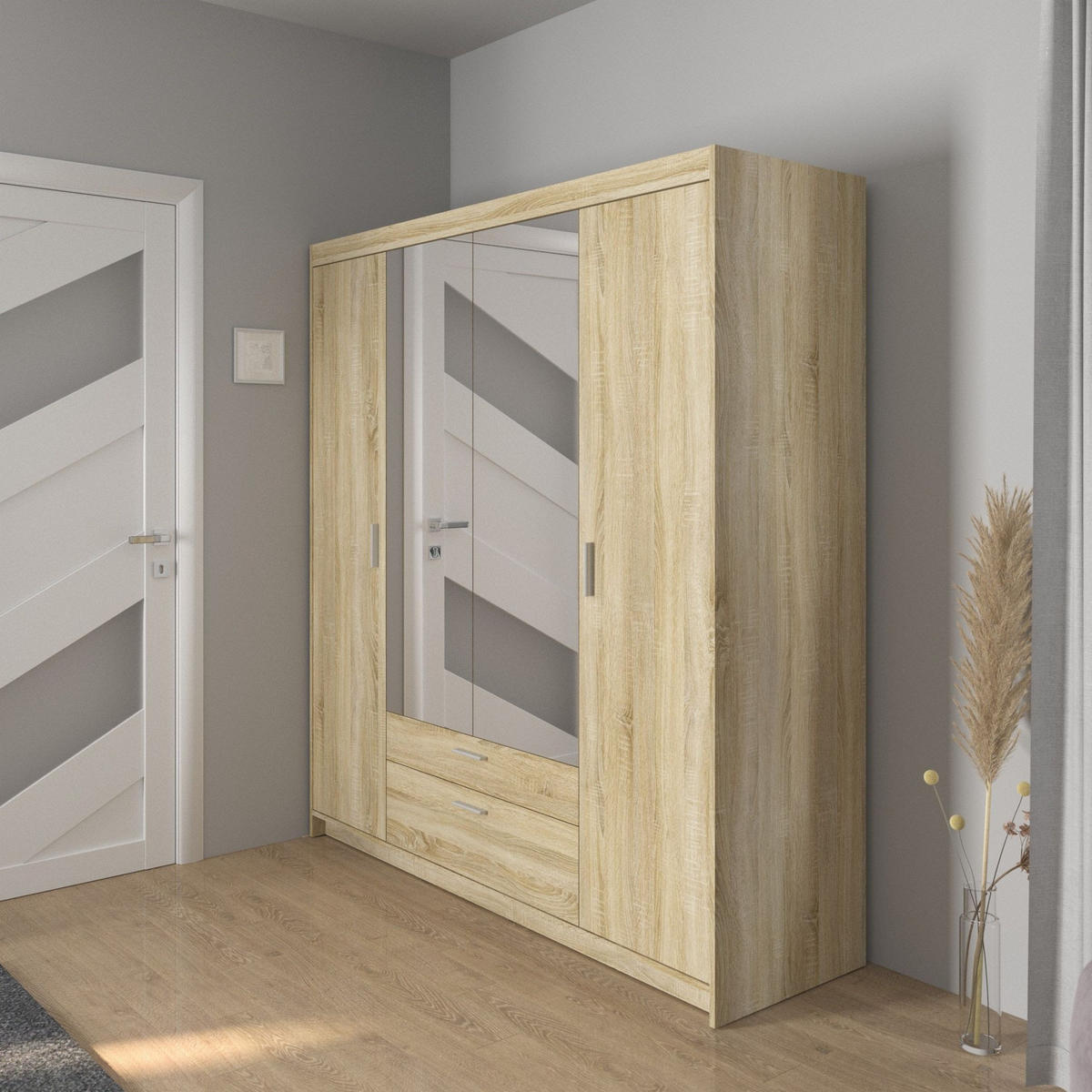 DREHTÜRENSCHRANK ELENORA 176,3/190,5/53cm 4-türig mit Spiegel Sonoma Eiche - Sonoma Eiche, Holzwerkstoff (176.3/190.5/53cm) - MASSENO