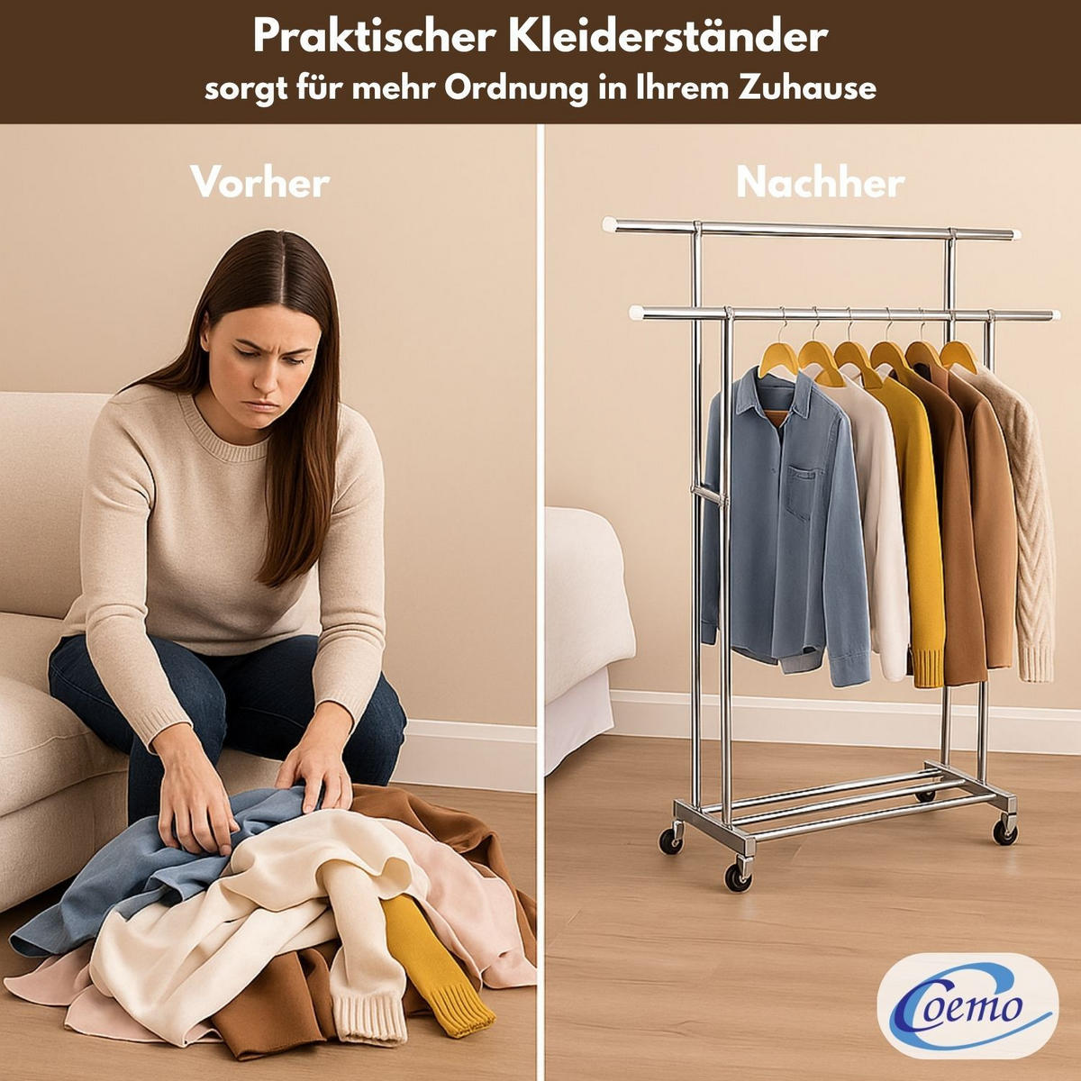 KLEIDERSTÄNDER rollbar, 2 Kleiderstangen 160/42/162 cm - Silberfarben, Metall (42/160/160cm) - Coemo