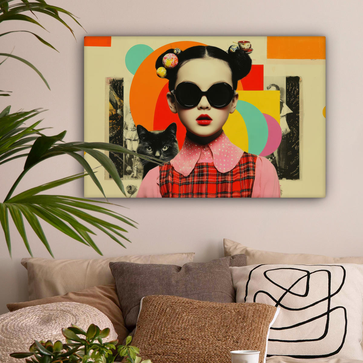 LEINWANDBILD Mädchen - Sonnenbrille - Katze - Retro Gemälde 60x40 cm - Beige, Textil (60/40cm) - MuchoWow