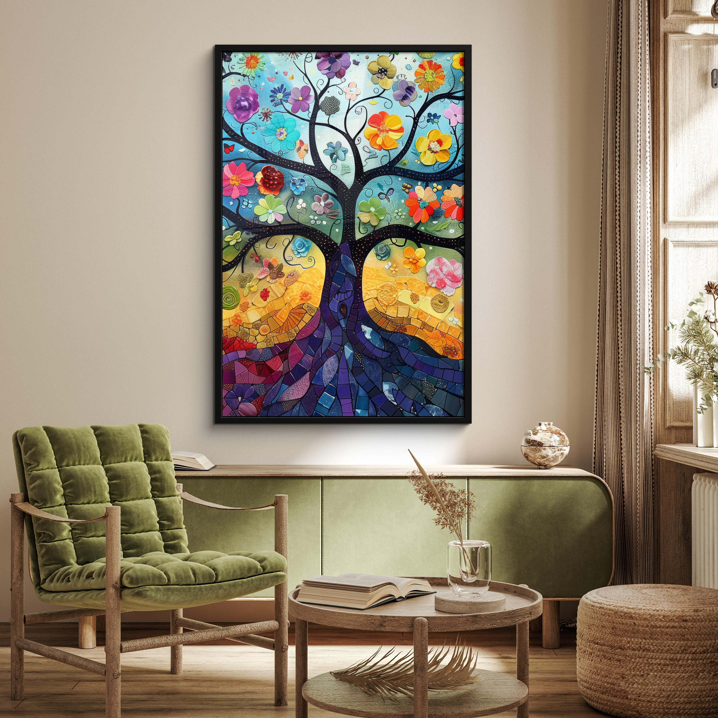 GERAHMTES BILD Kunst - Baum des Lebens - Blumen - Hippie 80x120 cm - Dunkelblau, Papier (80/120cm) - MuchoWow