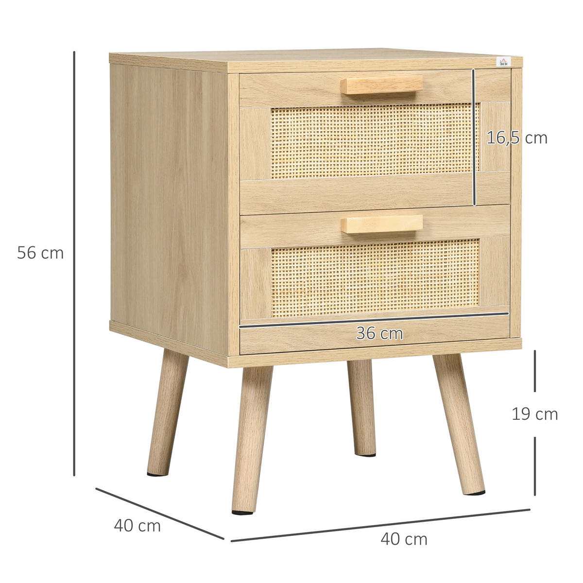 NACHTSCHRANK 2er-Set DE-12815 2 Schubladen mit Rattan Naturholz - Naturfarben, Holzwerkstoff (40/56/40cm) - ComfortXL