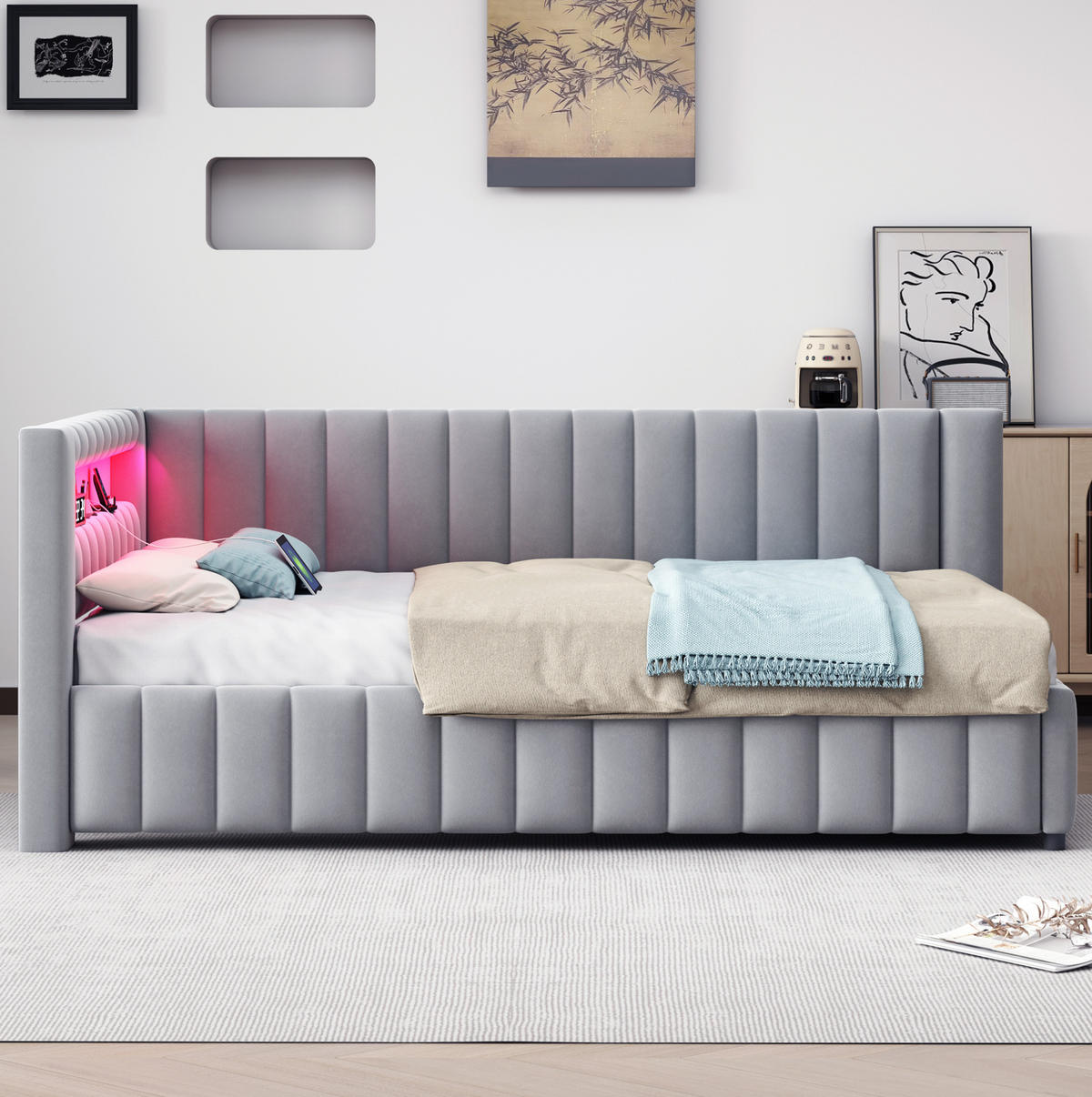 POLSTERBETT 140/200 cm aus Samt mit LED-Licht und USB, Grau - Grau, Textil (140/200cm) - OKMYHOME