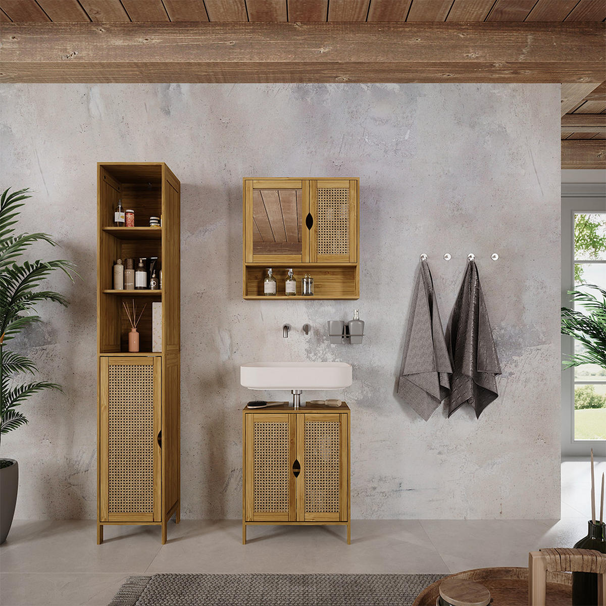 SADA KOUPELNOVÉHO NÁBYTKU Liora Bambus - zelená barva, kompozitní dřevo (48/60/29cm) - Vicco