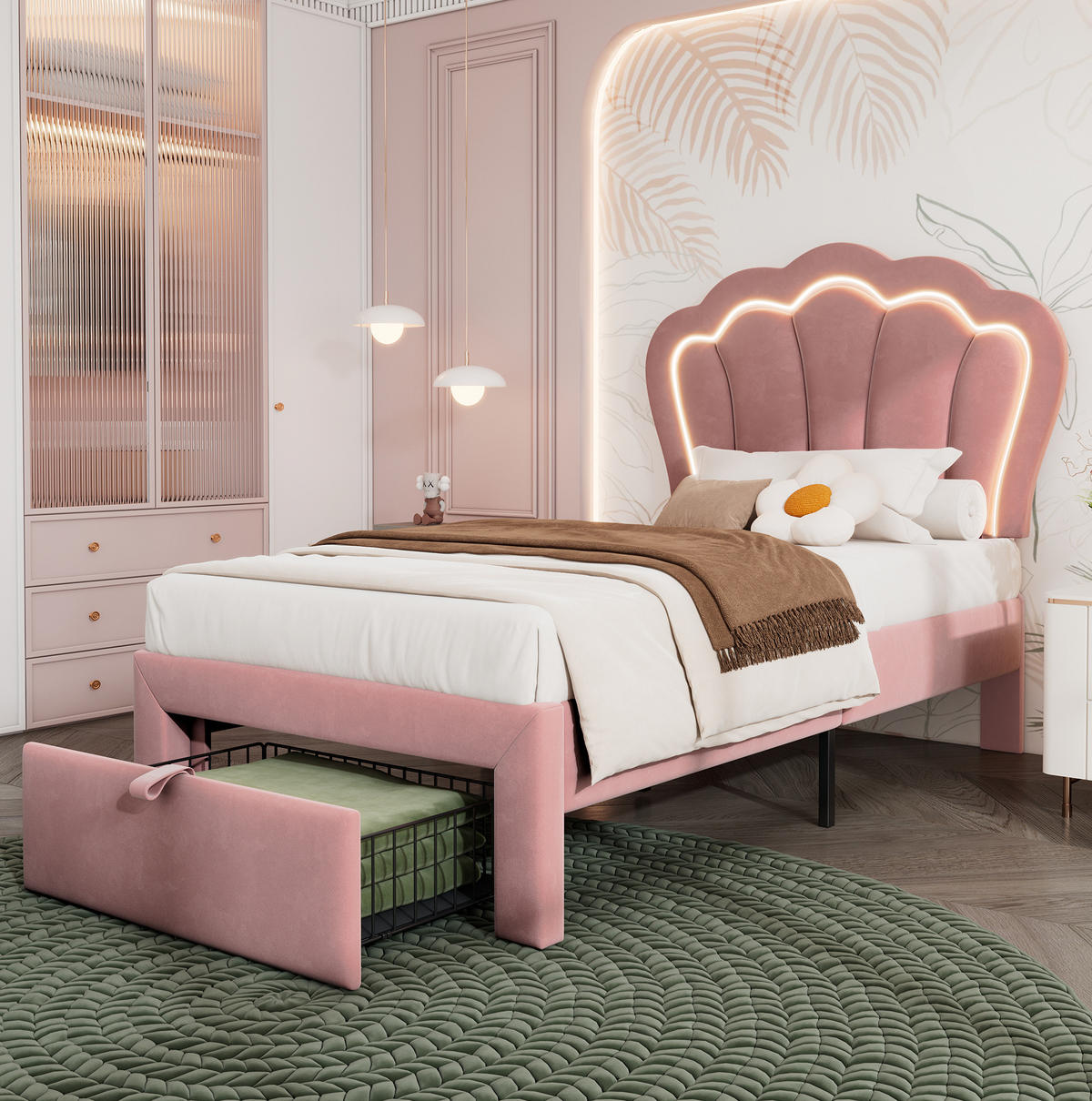 KINDERBETT aus Samt 90x190 cm Rosa mit LED-Beleuchtung, Schublade und verstellbarem Kopfteil - Rosa, Textil (90/190cm) - IVMEU