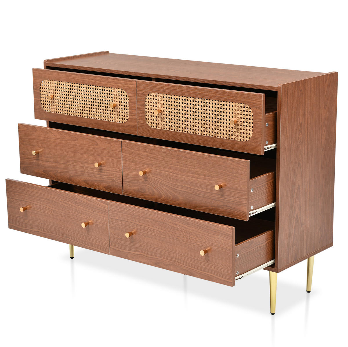 KOMMODE 120/40/90 cm mit 6 Schubladen und Rattanfronten - Naturfarben, Metall (120/90/40cm) - BEAOK