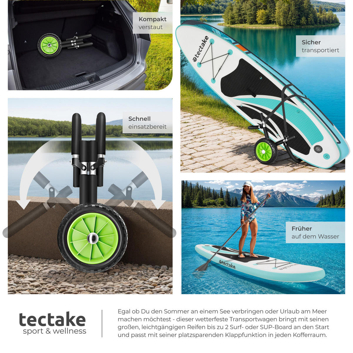 SURFBOARD TRANSPORTWAGEN Wavewheel,inkl. 2 Sicherungsgurte, 62 x 53 x 49 cm,schwarz/grün - Schwarz/Grün, Metall (53/62/0.49cm) - tectake