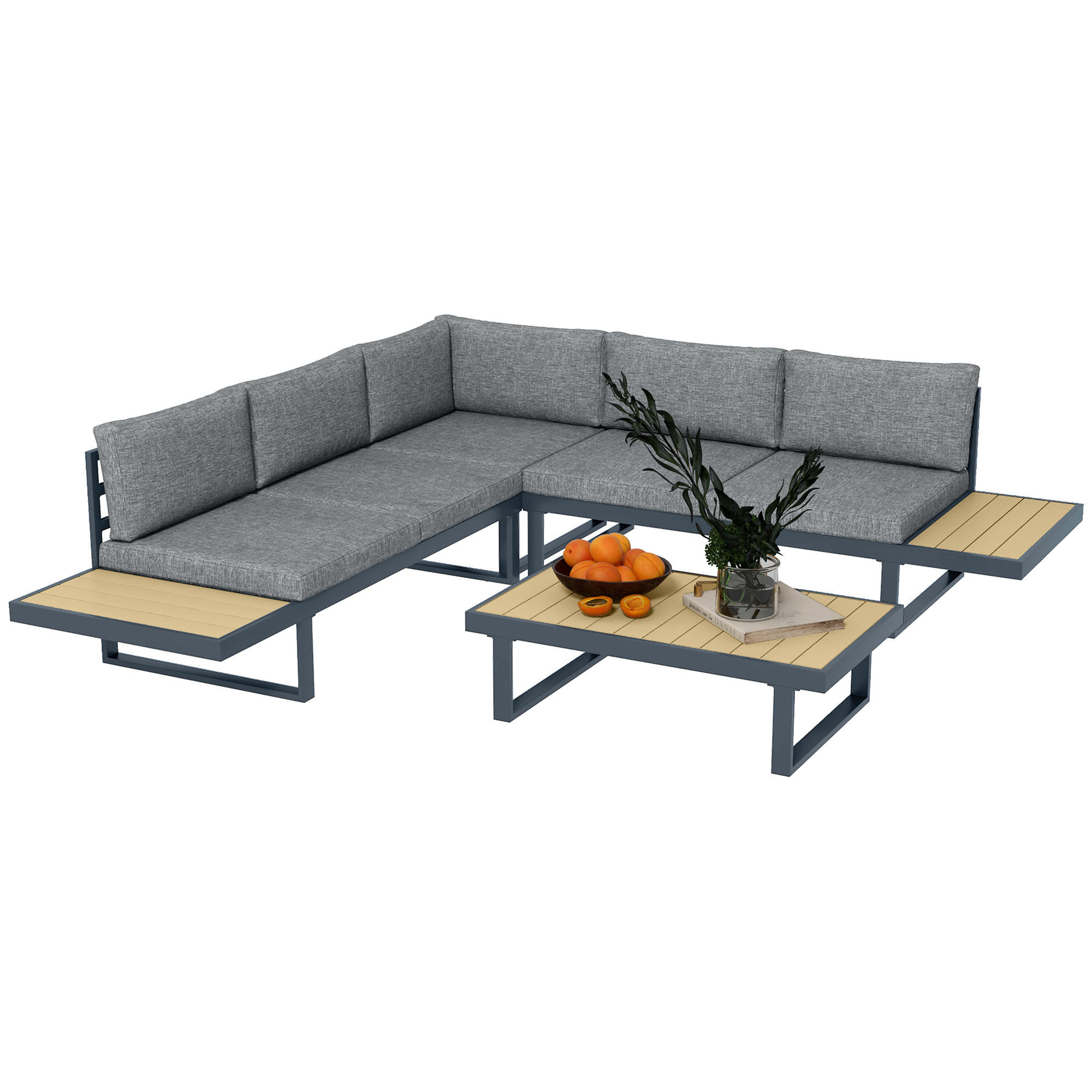 LOUNGEGARNITUR 5 Sitzplätze DE-13401 Aluminium & Holzoptik Anthrazit - Dunkelgrau, Metall - ComfortXL