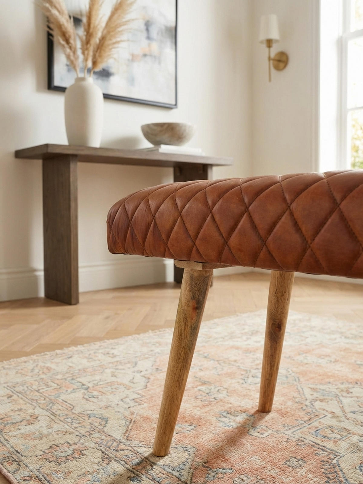 SITZBANK – Echtleder/Holz, Springbock-Stil - Braun, Mangoholz/Leder (115/53/38cm) - KADIMA DESIGN