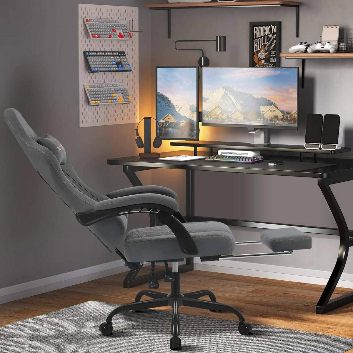 GAMINGSTUHL mit Massagefunktion, Computerstuhl Ergonomisch - Schwarz/Grau, Kunststoff/Textil (70/127/70cm) - Woltu