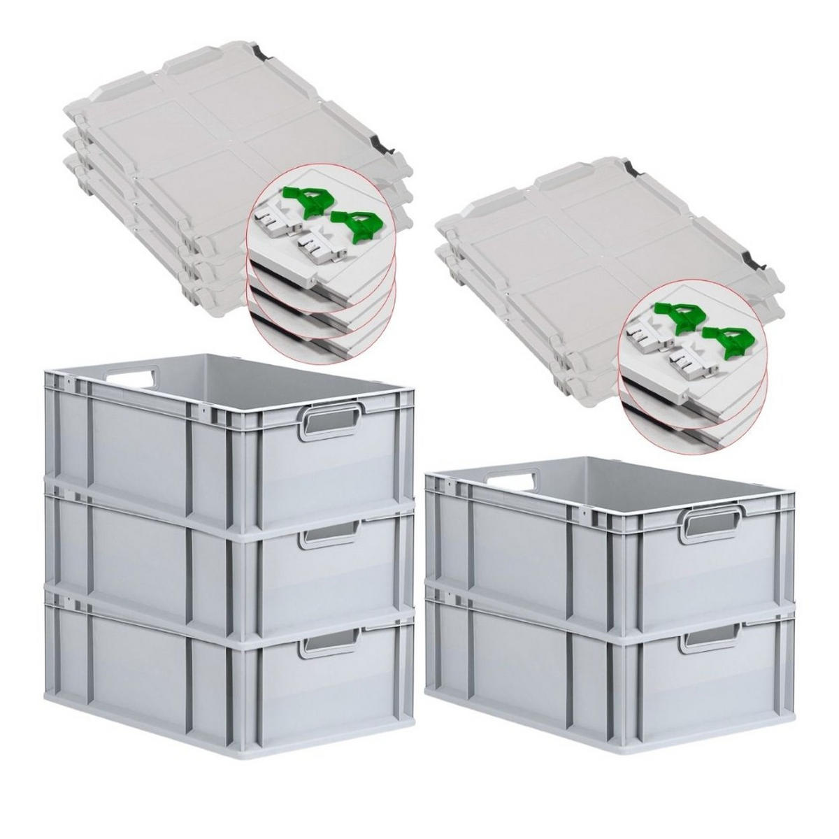 EUROBOX 5x Nextgen Economy Mit Scharnierdeckel Grau/GrünGriffe Offen 44 Liter - Grün, Kunststoff (40/22/60cm) - PROREGAL