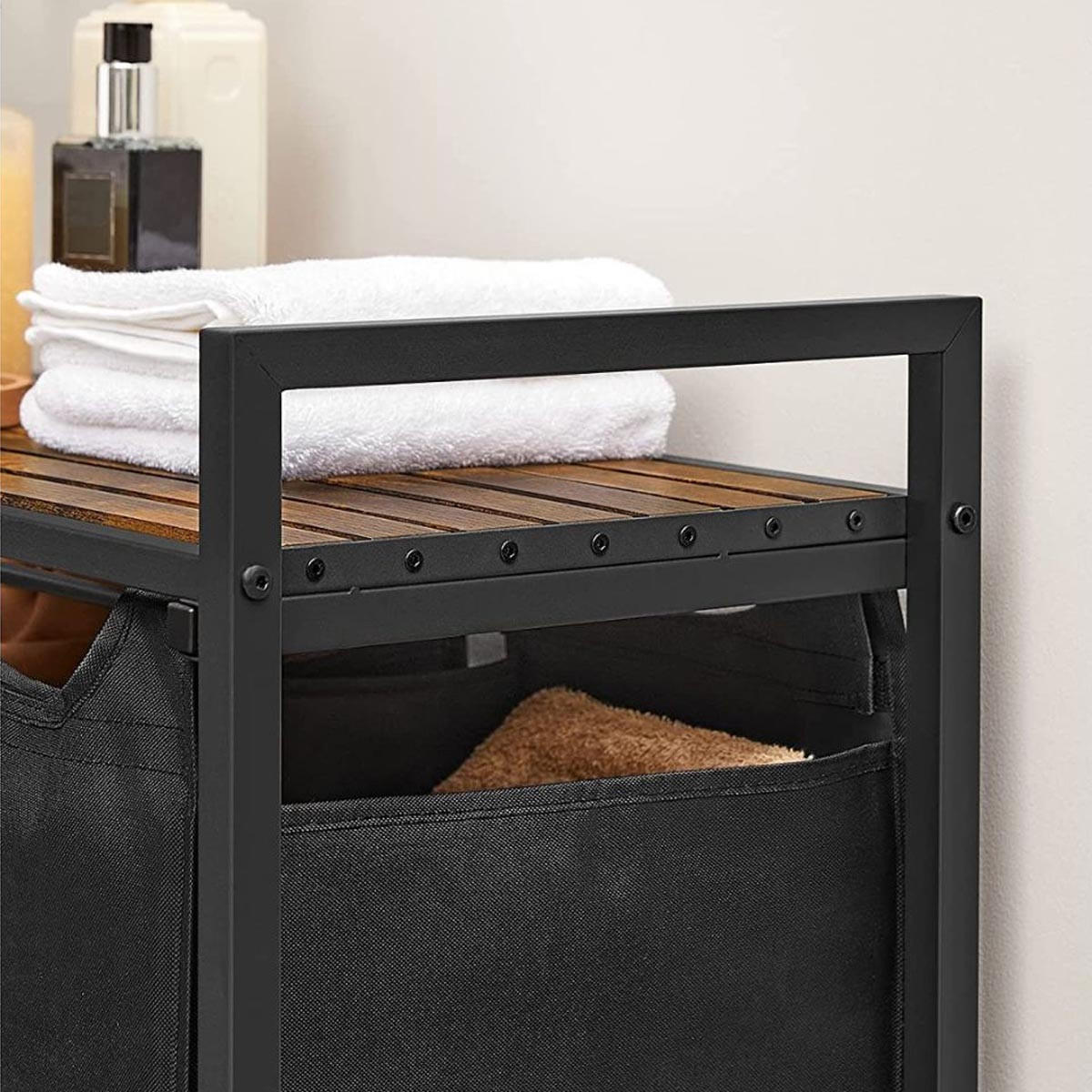 WÄSCHEBEHÄLTER mit 3 Fächern 38L - Schwarz, Holzwerkstoff (33/72/92.5cm) - Calicosy