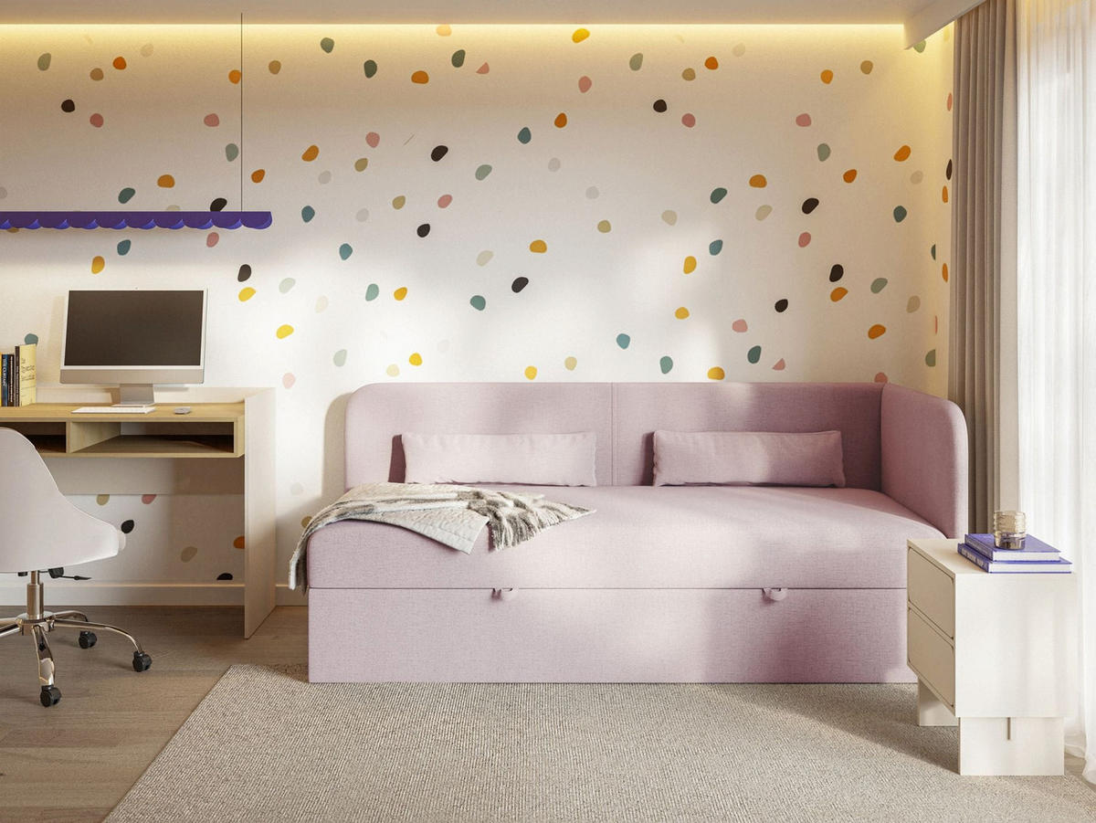 JUGENDBETT Calmmo Rosa mit Chenille-Bezug, Kopfteil rechts - Pink, Textil (90/200cm) - Selsey