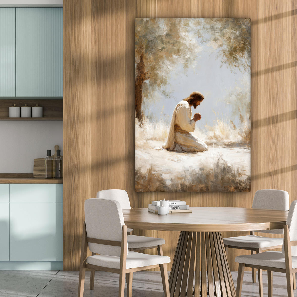LEINWANDBILD Jesus - Kniend - Waldlandschaft - Betend Deko Groß 90x140 cm - Beige/Hellblau, Textil (90/140cm) - MuchoWow