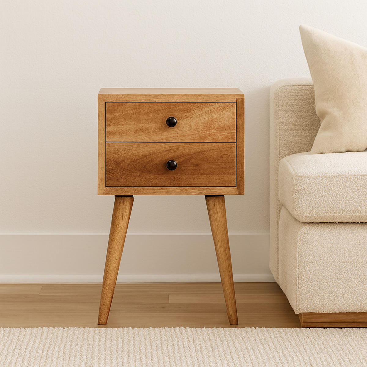 NACHTKASTEN Mini Eichenoptik, 2 Schubladen, Beige - Beige/Messingfarben, Holz/Metall (30/57/30cm) - Artisan Furniture