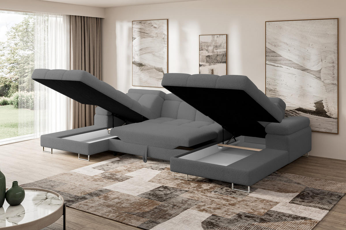 WOHNLANDSCHAFT mit Schlaffunktion und Bettkasten COMA U2 345x203x79 Grau Bouclé - Chromfarben, Holzwerkstoff/Textil (345/79/203cm) - ALTDECOR