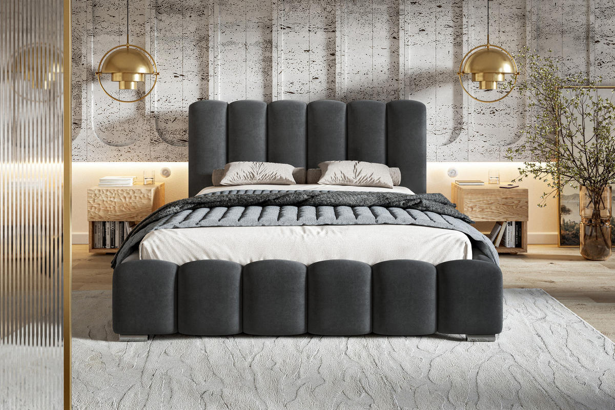 POLSTERBETT 140x200 Pearl, Samtstoff, Bettkasten, Lattenrost, Dunkelgrau - Dunkelgrau, Holz/Textil (140/200cm) - Emporius