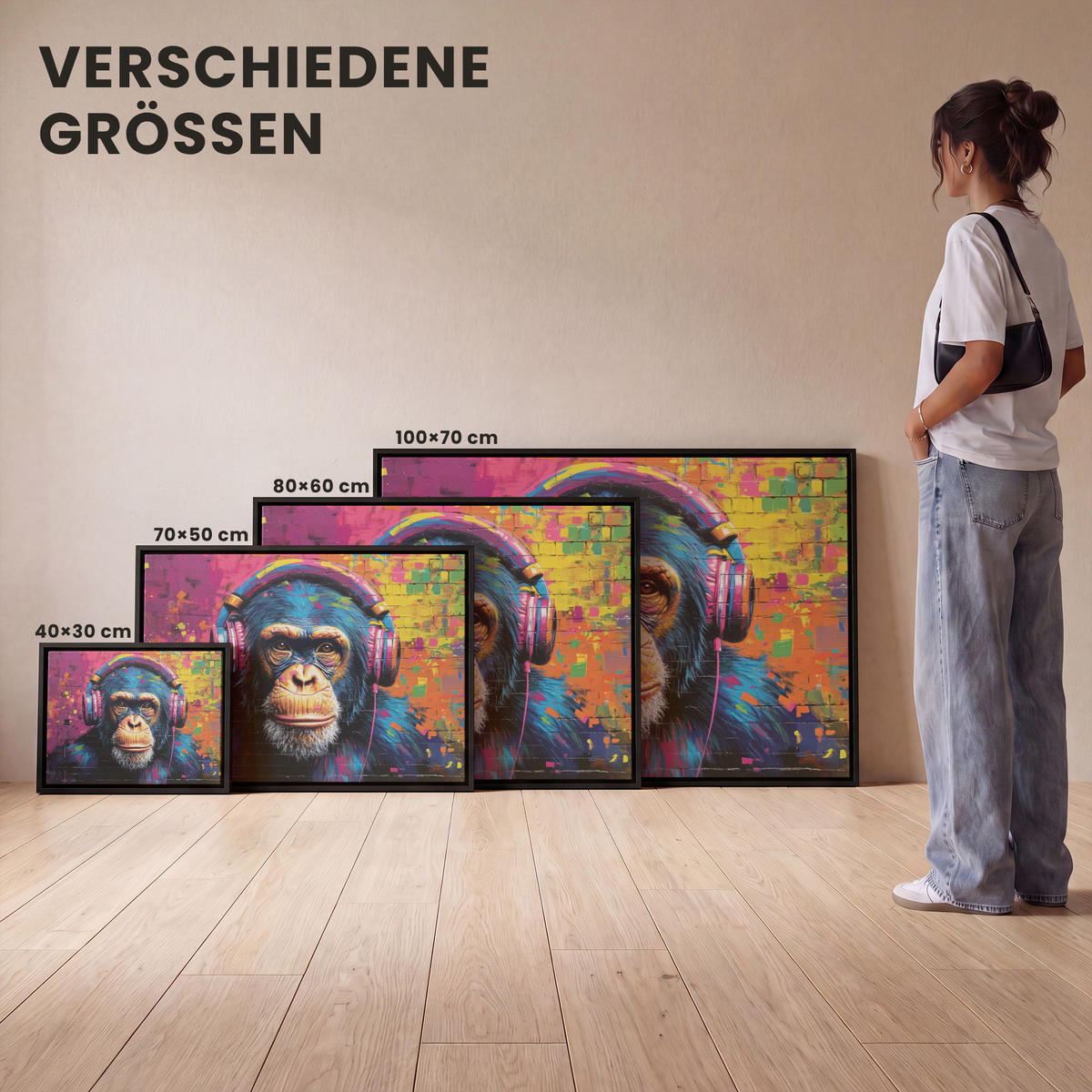 LEINWAND Bilder mit Rahmen - Graffiti - Schimpanse - Straßenkunst - Kopfhörer - Affe - 100x70 - Blau, Textil (100/70cm) - MuchoWow