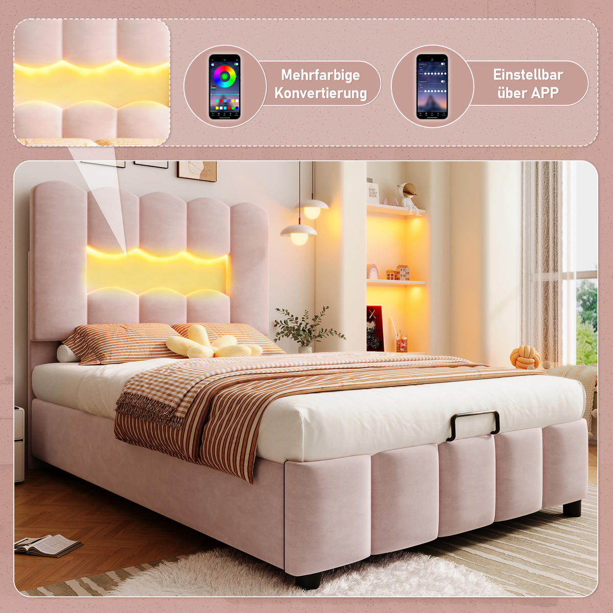 POLSTERBETT 90x200cm Rosa Samt LED-Licht Hydraulik Kopfteil - Pink, Holz (90/200cm) - FLIEKS