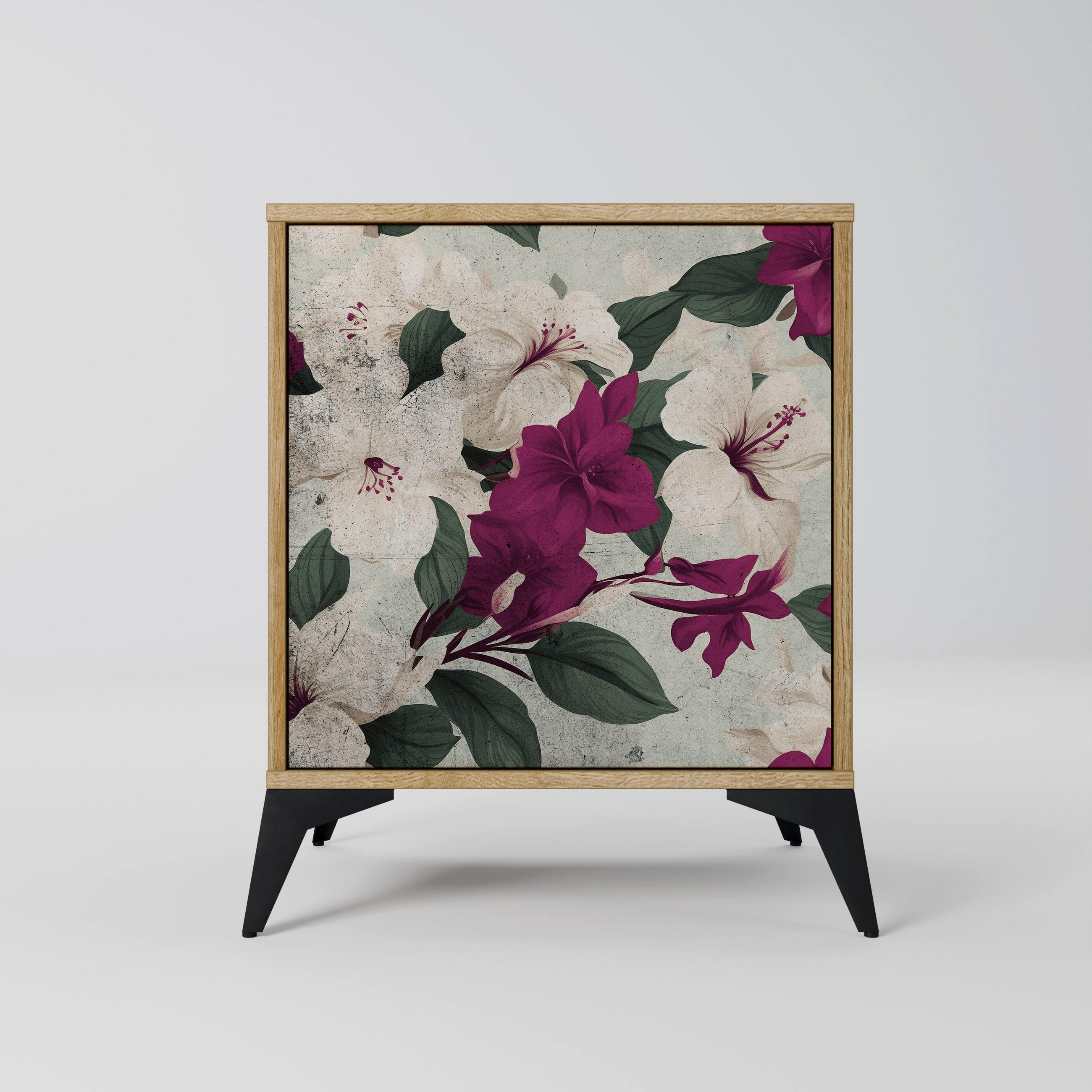 SIDEBOARD FLOWERET DREAM, Eichefarben, 57,5x42x70,5 cm, Schwarze Metall-Sternfüße - Eichefarben/Multicolor, Holzwerkstoff/Metall (57.5/70.5/42cm) - SpaceRebels
