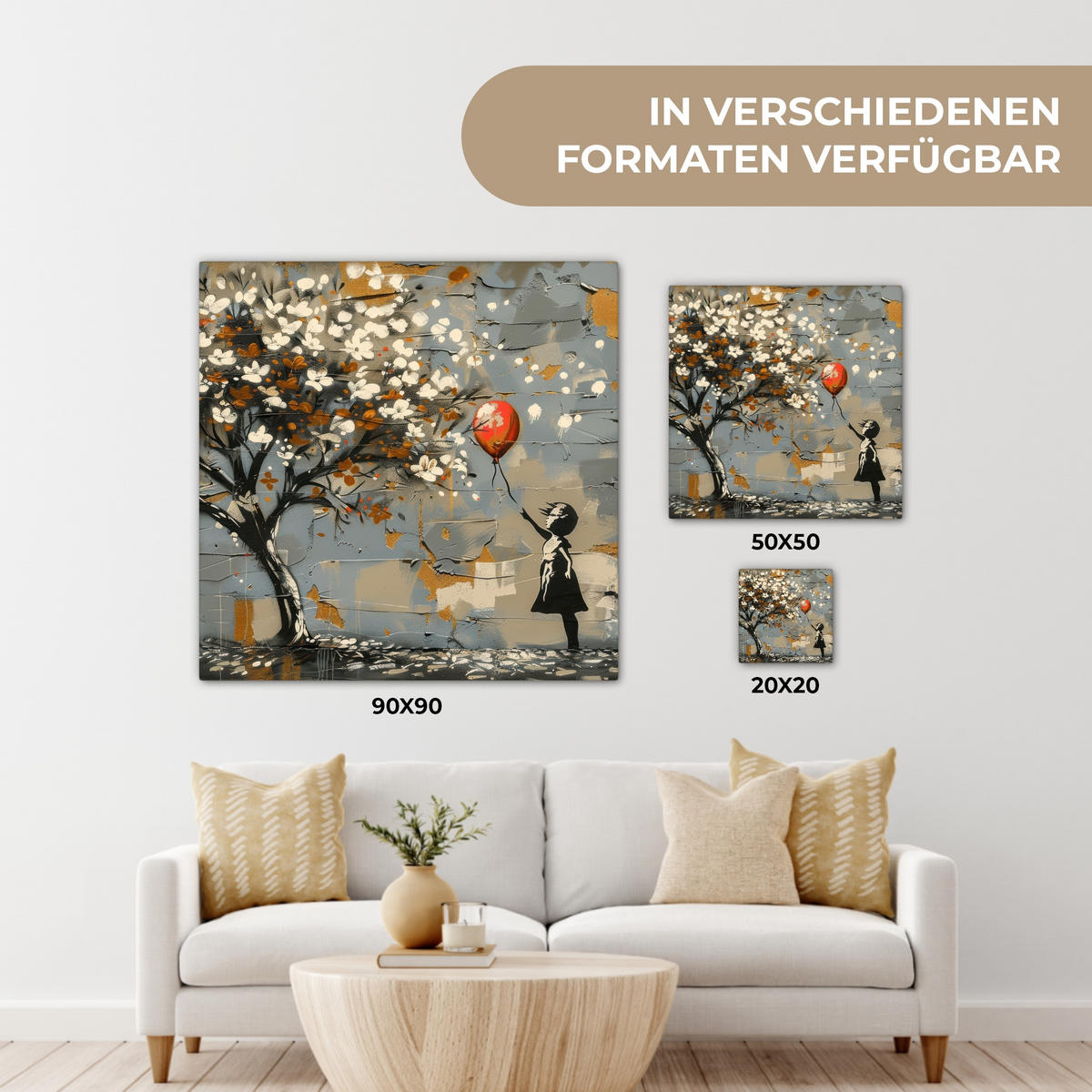 LEINWANDBILD Baum - Graffiti - Banksy-Stil - Ballon-Mädchen 50x50 cm - Blaugrau, Textil (50/50cm) - MuchoWow
