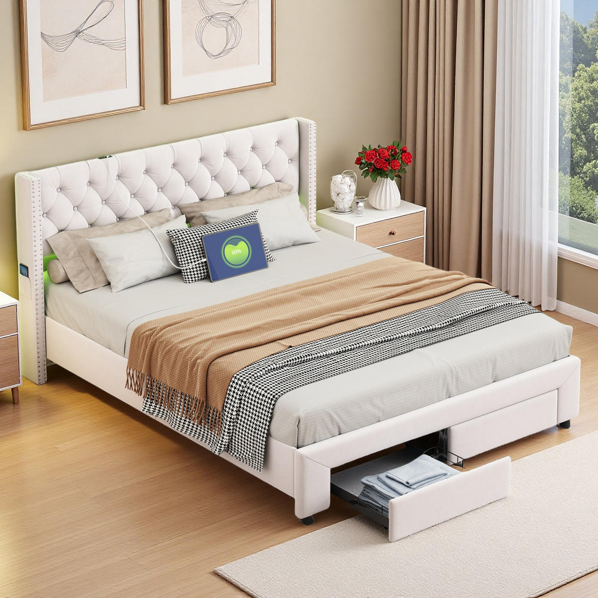 POLSTERBETT 160x200 cm LED USB Schubladen Lattenrost Samt beige - Beige, Holz (160/200cm) - LEBENLANG