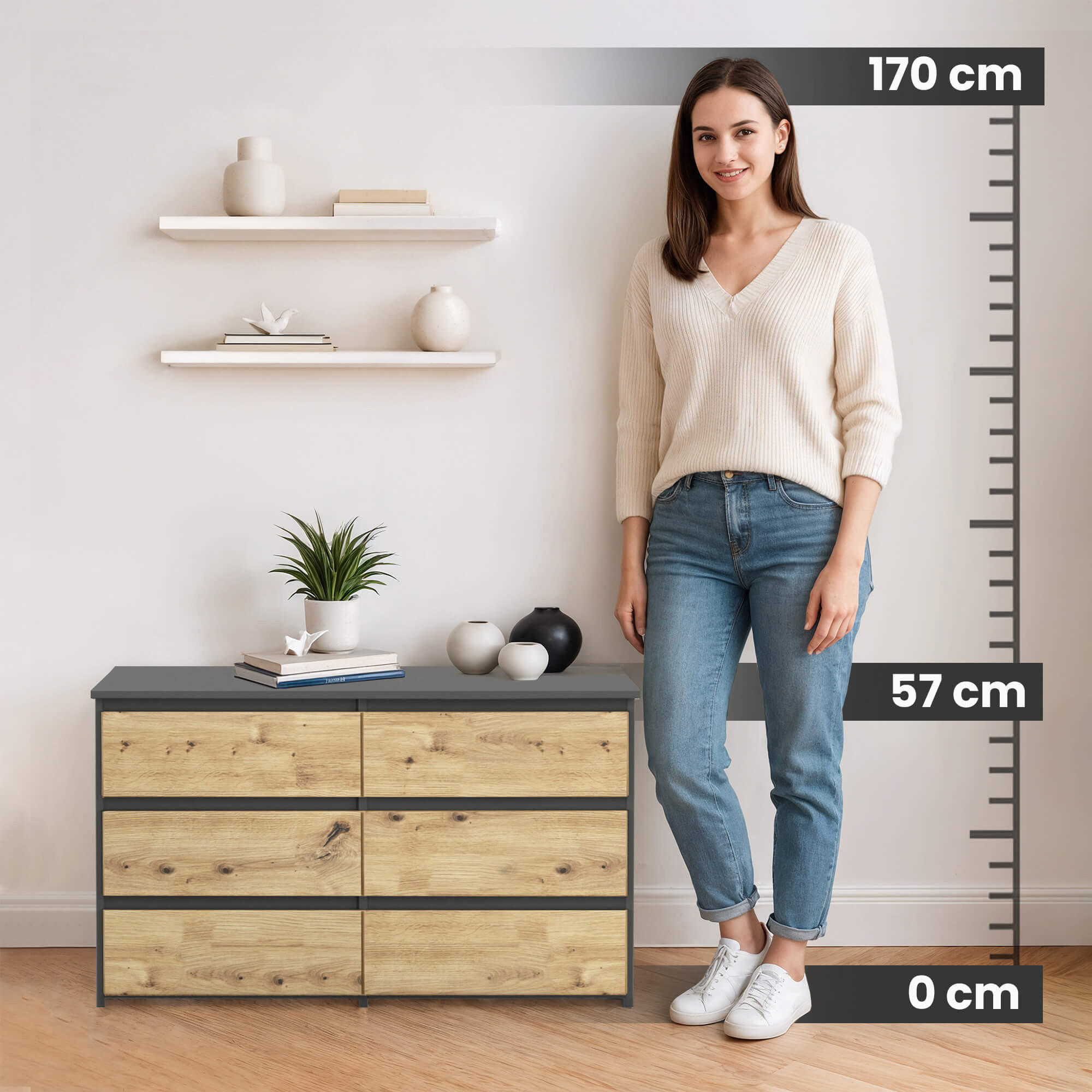 KOMMODE Grau, Eiche Artisan 35x100x57 cm - Eiche Artisan/Grau, Holzwerkstoff (100/57/35cm) - Akord