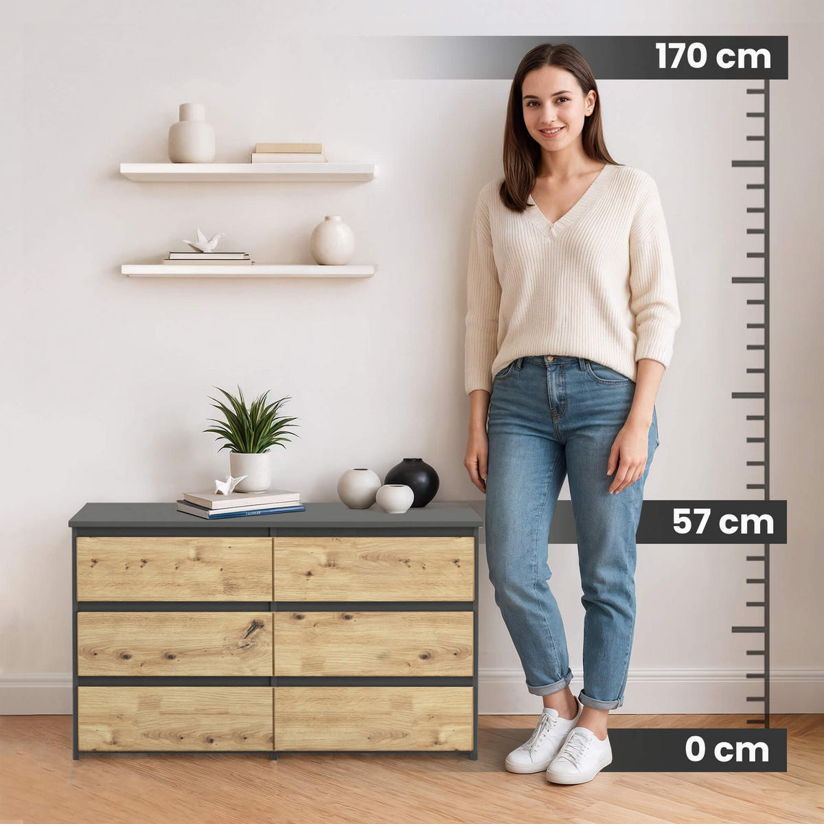 KOMMODE Grau, Eiche Artisan 35x100x57 cm - Eiche Artisan/Grau, Holzwerkstoff (100/57/35cm) - Akord
