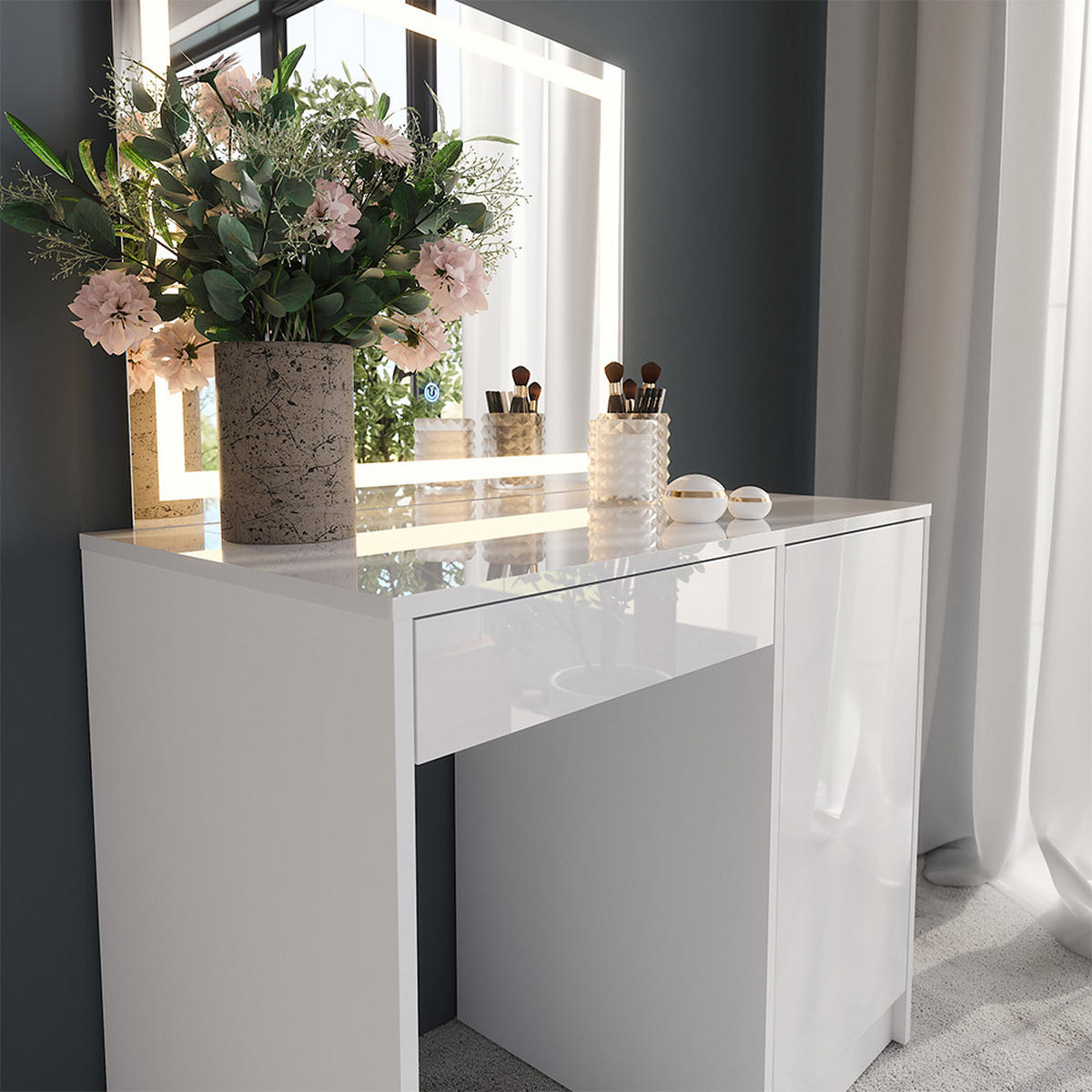 SCHMINKTISCH Sherry Weiß/Weiß Hochglanz 89.8 cm mit LED-Spiegel - Weiß Hochglanz, Holzwerkstoff (89.8/76/50.1cm) - Vicco