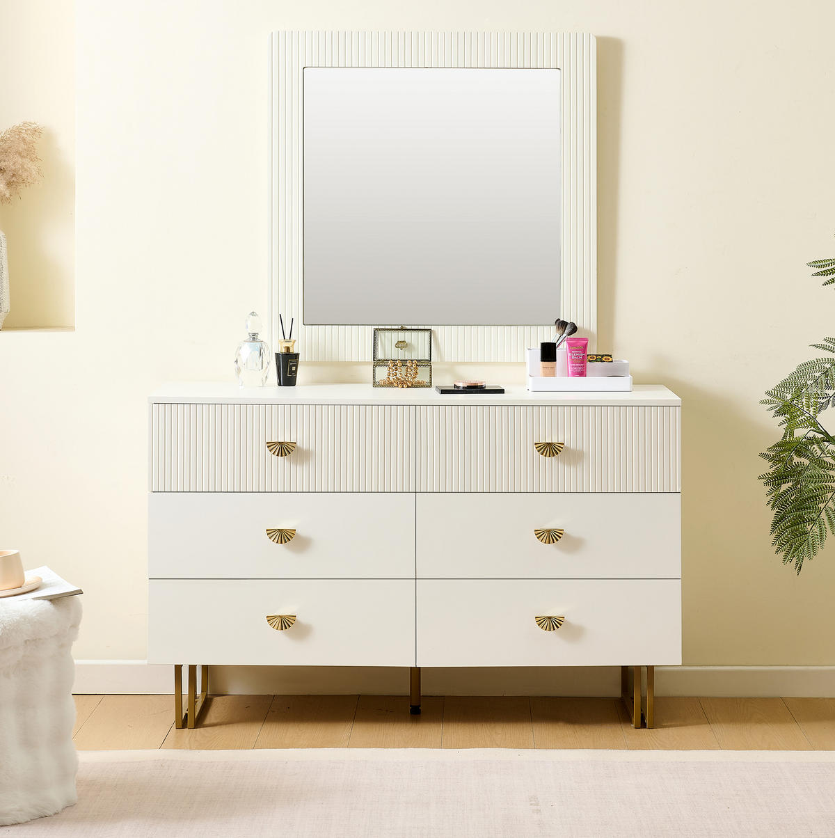 SIDEBOARD-SET mit Spiegel 120/40/75 cm in Weiß mit 6 Schubladen - Weiß, Holzwerkstoff (120/40/75cm) - BEAOK